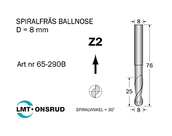 Spiralfräs Ballnose D=8 L=25 TL=76 S=8