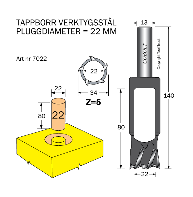 Tappborr D=22 TL=140 S=13 - 2