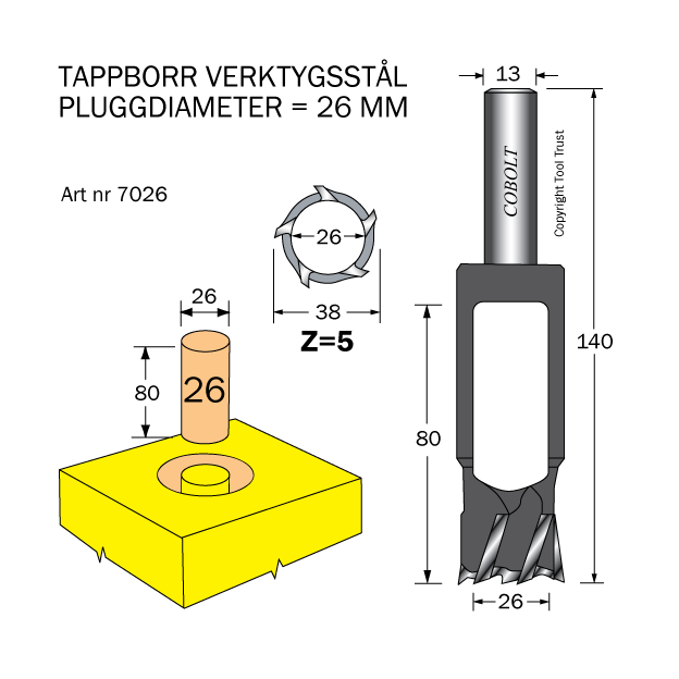Tappborr D=26 TL=140 S=13 - 2