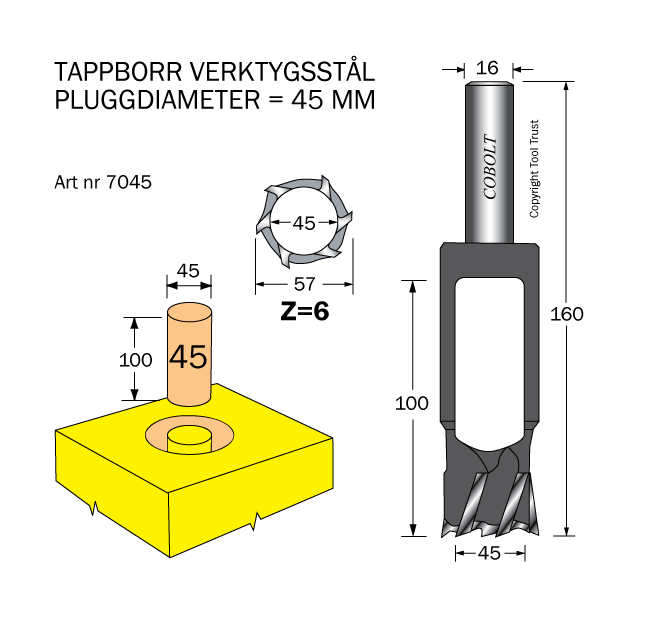 Tappborr D=45 TL=160 S=16 - 2