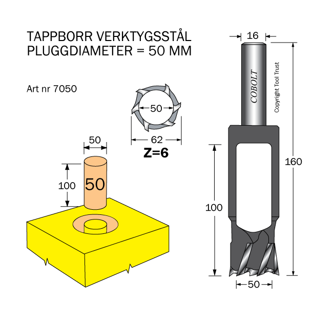 Tappborr D=50 TL=160 S=16 - 2