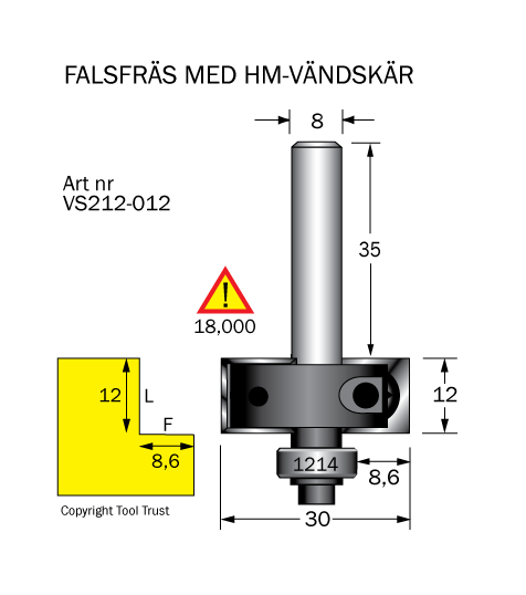 Falsfräs m vändskär L=12 S=8
