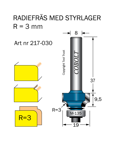 Avrundningsfräs R=3 D=19 L=9.5 S=8 - 3