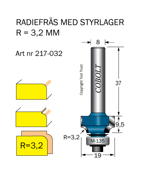 Avrundningsfräs R=3.2 D=19 L=9.5 S=8 - 3
