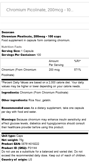 Chromium Picolinate 200mcg - 100caps Swanson - 2