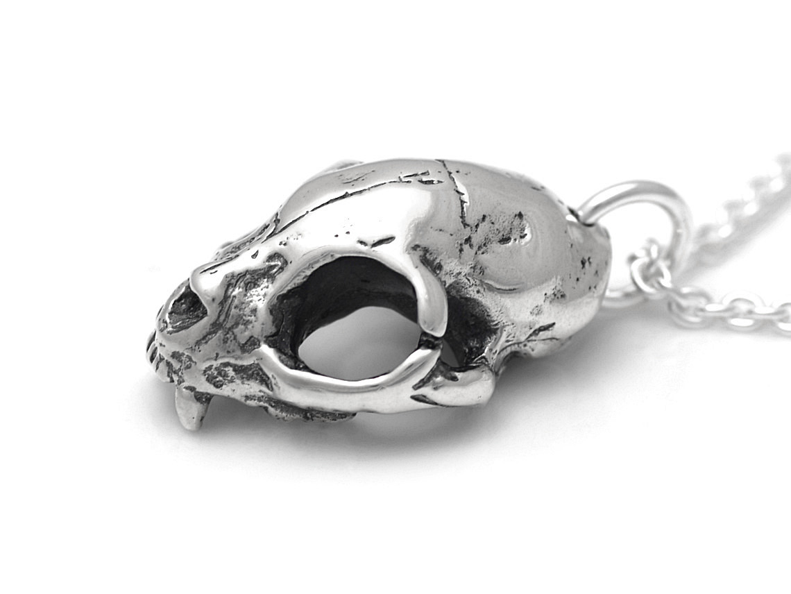 Kattskalle Halsband, Katt Döskalle Hänge, Rock Smycke i Äkta Silver - 4