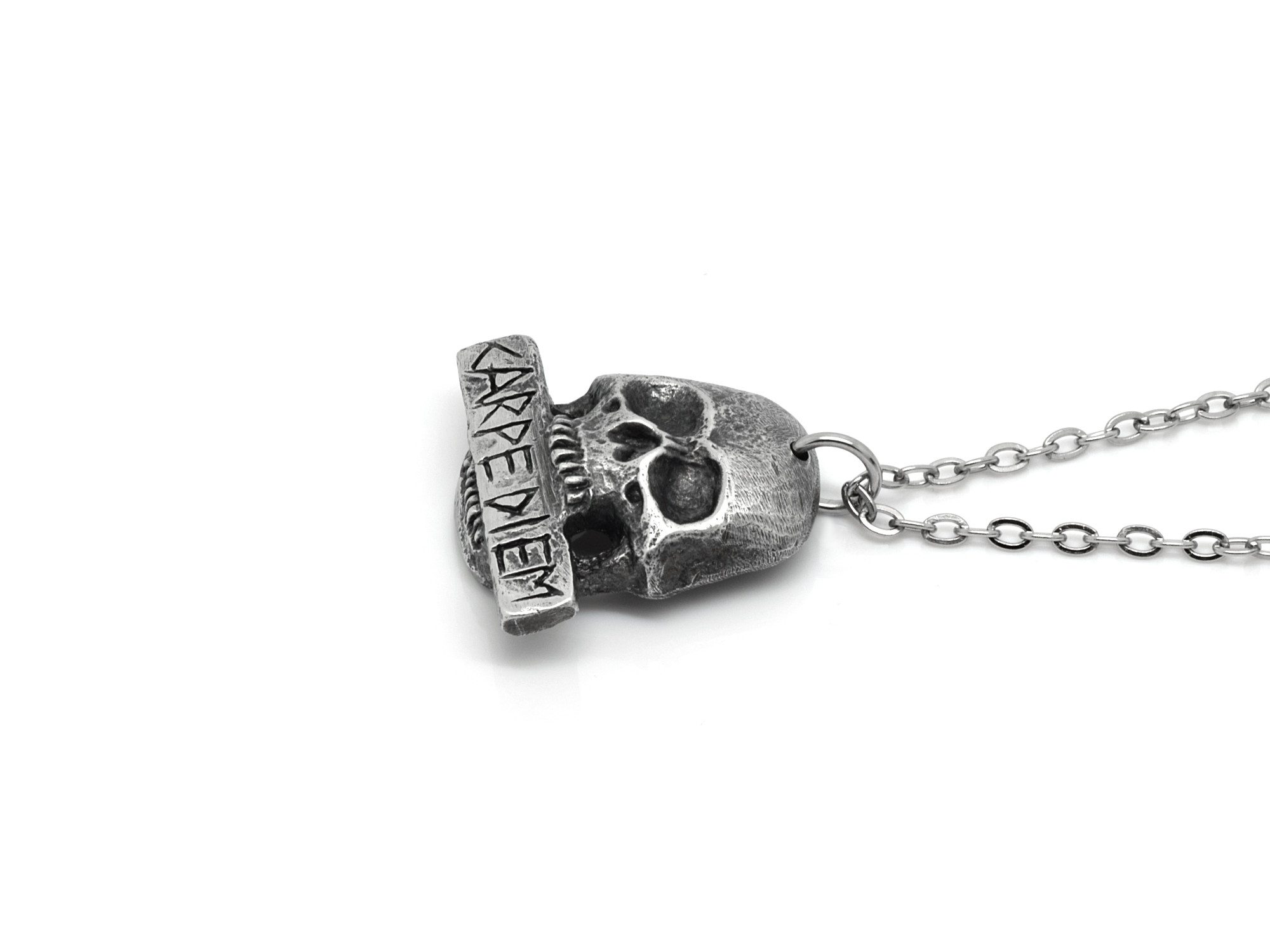 Oxiderad Carpe Diem Döskalle Halsband, Rock Smycke i Tenn - 3