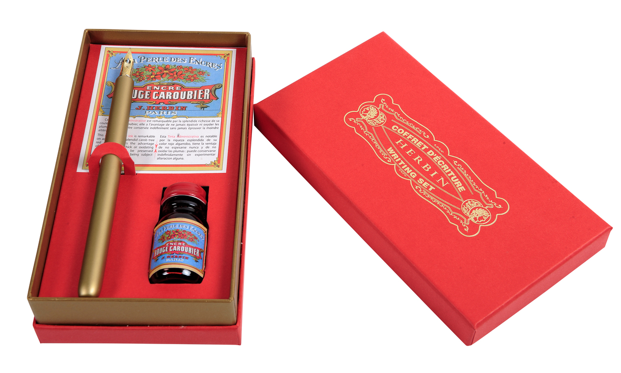 Rouge caroubier set with 1 golden nibholder, 1writing nib (46B) and 10ml Rouge caroubier writing ink