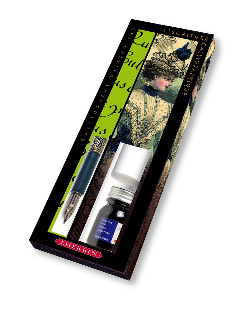 XIXth century's writing set with 1 nib holder, 1 writing nib (46B),1 writing ink bottle 10ml and 1 sheet of Vellum