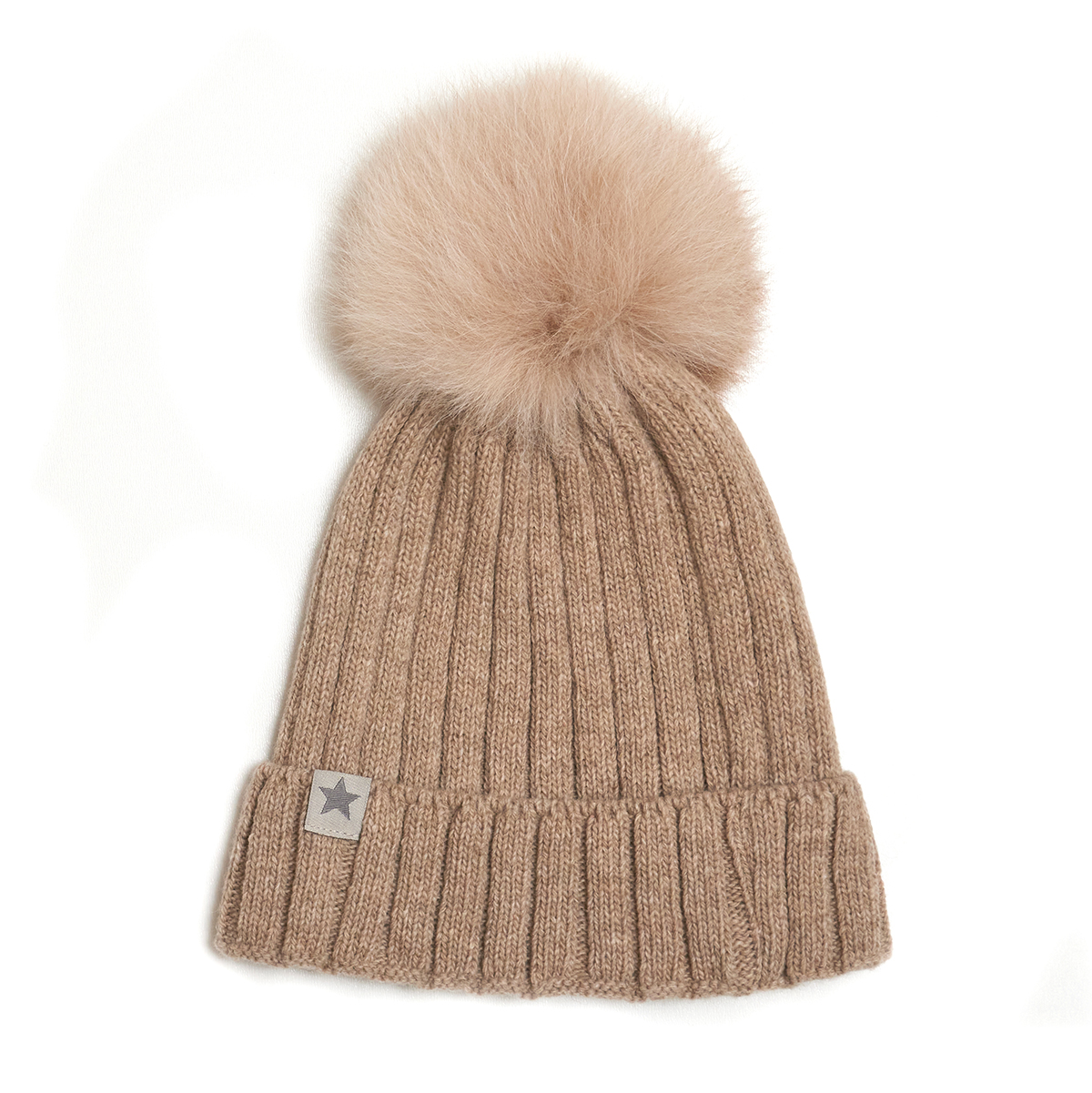 Hat Knit w Alpaca Pompom Camel Melange