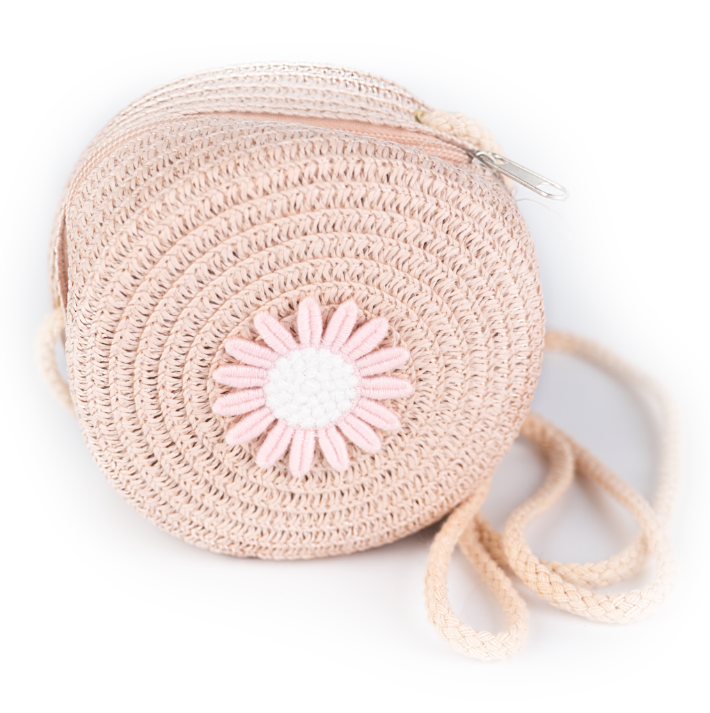 STRAW BAG ROUND PINK FLOWER