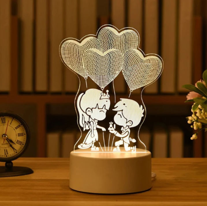 3D Lampa - Vackert Par med Hjärtan - Varmvit