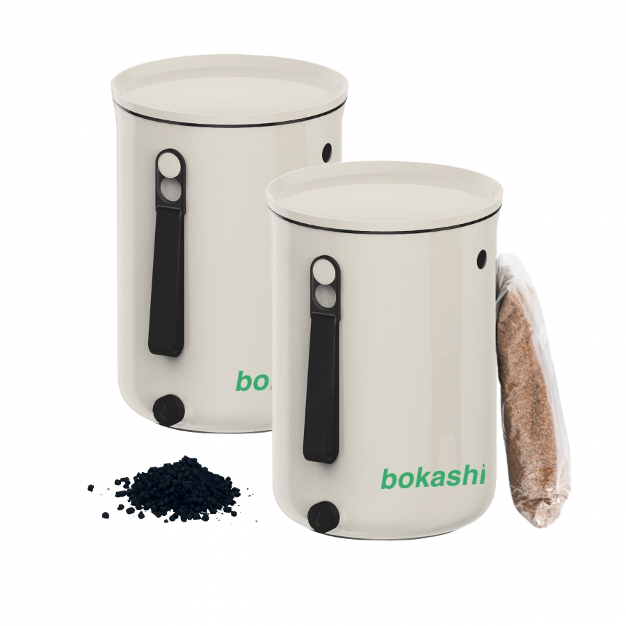 Bokashi startkit 2.0 gräddvit med 2st designade hinkar för köksbänken + 1 kg strö
