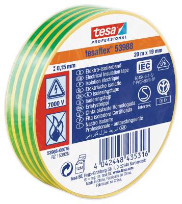 Eltejp Tesa flex 53988, ELTEJP TESAFLEX 53988 TESA GRÖN/GUL S-MÄRKT 19MMX20M