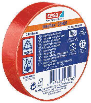 Eltejp Tesa flex 53988, ELTEJP TESAFLEX 53988 TESA RÖD S-MÄRKT 19MMX20M