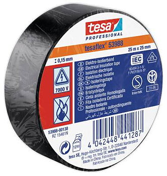 Eltejp Tesa flex 53988, ELTEJP TESAFLEX 53988 TESA SVART S-MÄRKT 25MMX25M