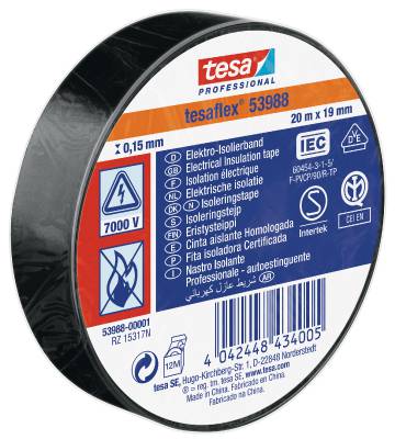 Eltejp Tesa flex 53988, ELTEJP TESAFLEX 53988 TESA SVART S-MÄRKT 19MMX20M
