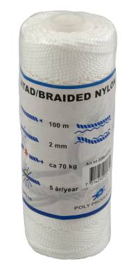 Nylonlina flätad, NYLONLINA POLY KRYSSFLÄTAD VIT 2MMX100M
