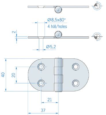 Gångjärn rostfritt RF 40×74 mm MILLERS, GÅNGJÄRN MILLERS ROSTFRITT SYRAFAST 40X74MM - 2