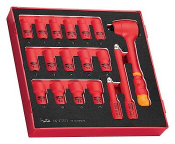 18 delars Hylsnyckelsats med 3/8'' fyrkantsfäste. Teng Tools TEDV3818 1000&nbsp;V, HYLSNYCKELSATS 3/8 TENG TOOLS EVA 1000V TEDV3818
