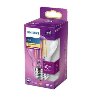 Klassisk glödlampa (LED) E27 (klar) Philips, LEDLAMPA PHILIPS CLA GLA 60W LJUSKÄLLA E27 SRT4 VARMVIT KLAR - 2