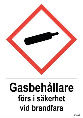 Skylt Unigraphics Kemiska risker Gasbehållare förs i säkerhet vid brandfara, SKYLT UNIGRAPHICS GASBEHÅLLARE FÖRS I SÄKERHET PLA 210X297MM