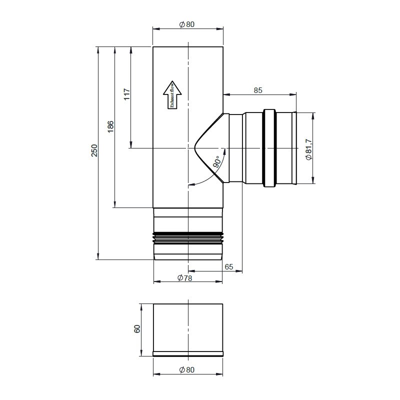 Rökrör 80mm T-stycke med kondenslock - 2