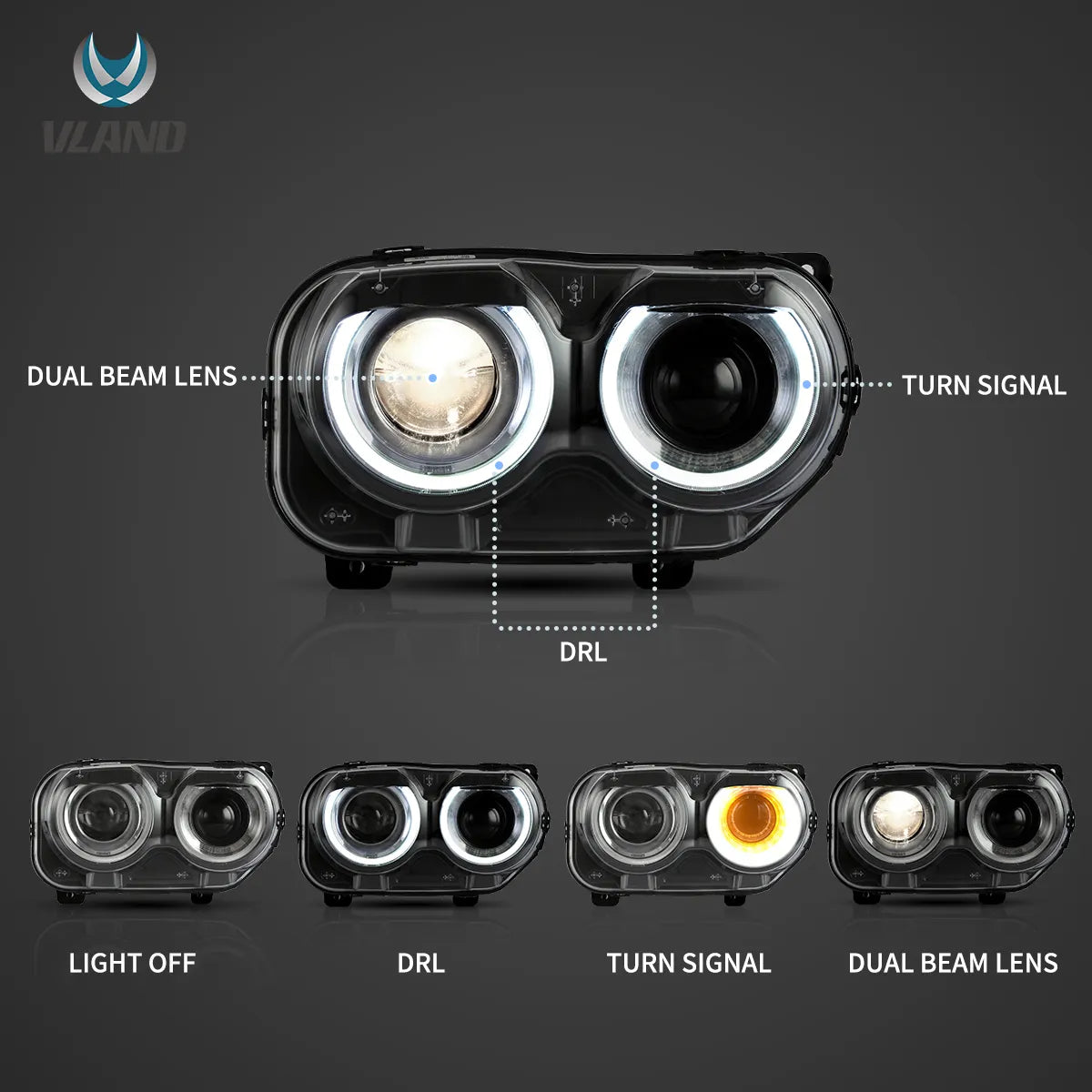 15-24 Dodge Challenger 3th Gen Facelifted Vland Dual Beam Projector strålkastare Black - 4