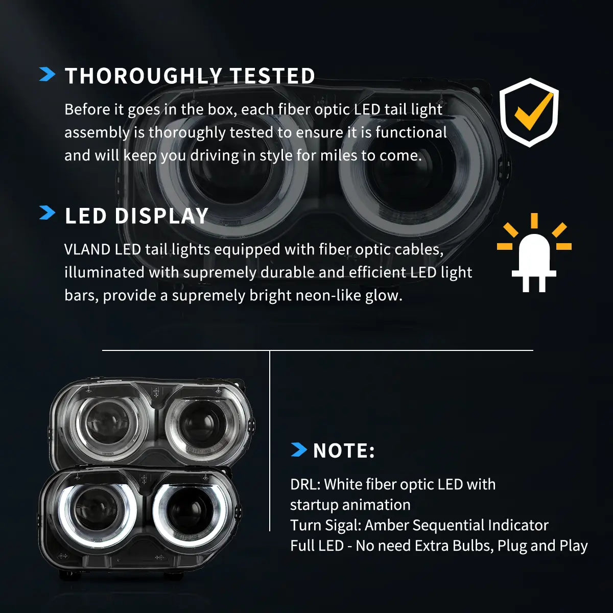 15-24 Dodge Challenger 3th Gen Facelifted Vland Dual Beam Projector strålkastare Black - 10