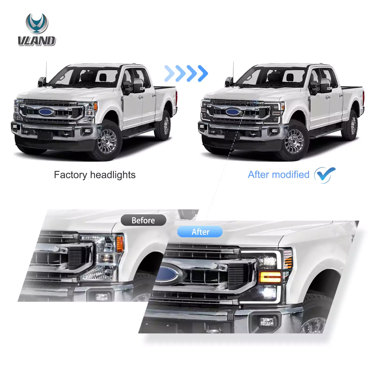 VLAND 2020-2022 Ford F250 F350 F450 F550 Super Duty strålkastare Halogen To LED - 5