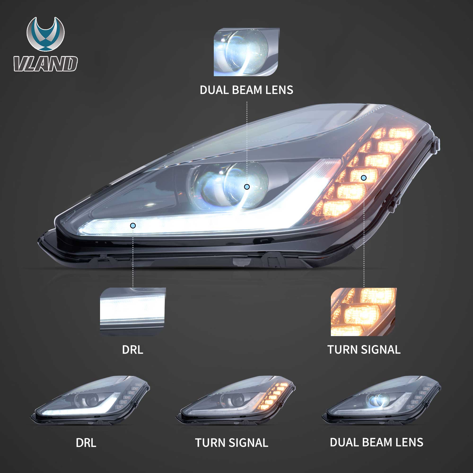 14-19 Chevrolet Corvette C7 Vland LED Dual Beam Projector strålkastare - 2