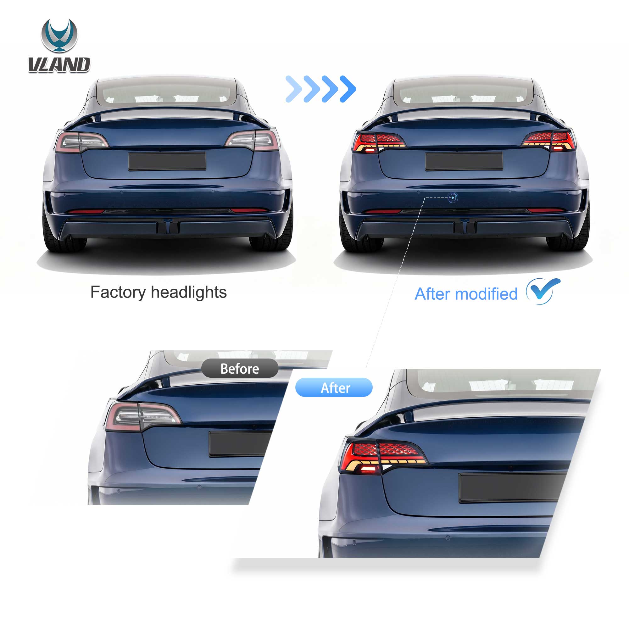 VLAND LED bakljus Fit för 2017-2023 Tesla Model 3 & Model Y [E-mark] - 6