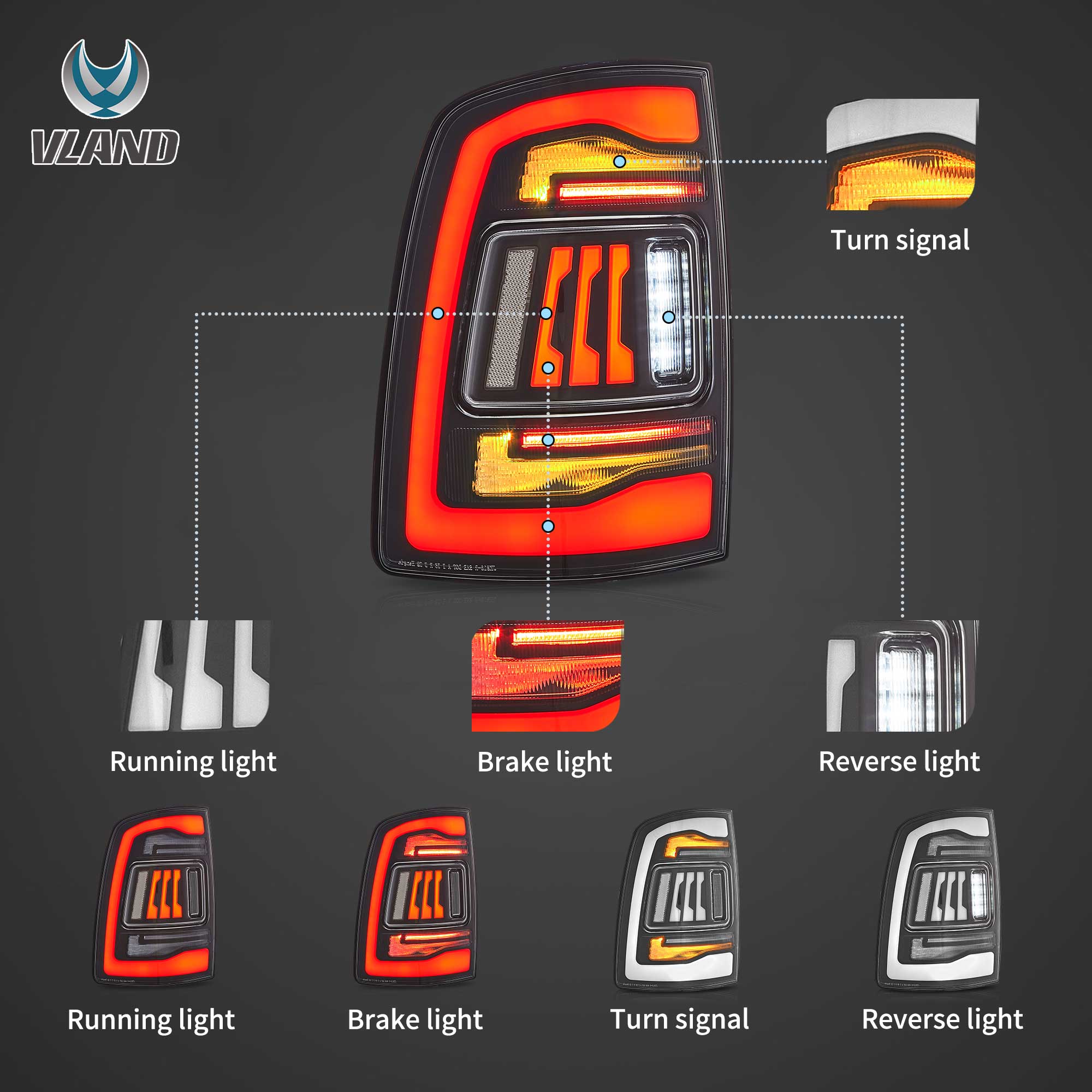 2019-2024 Dodge RAM 2500 / RAM 3500 VLAND LED bakljus med orange blinkers - 3