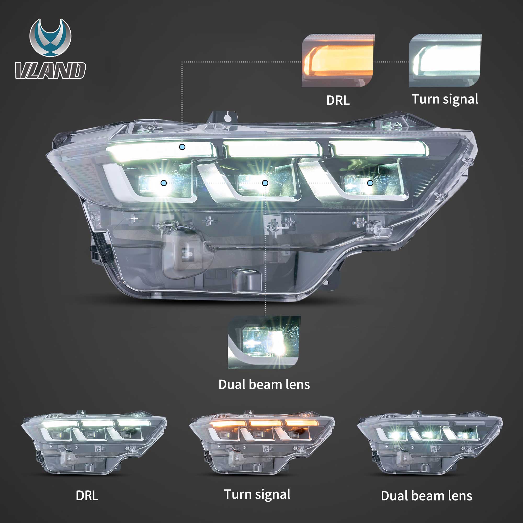 VLAND 23-26 Ford Mustang S650 strålkastare Full LED med Start-up Animation - 2