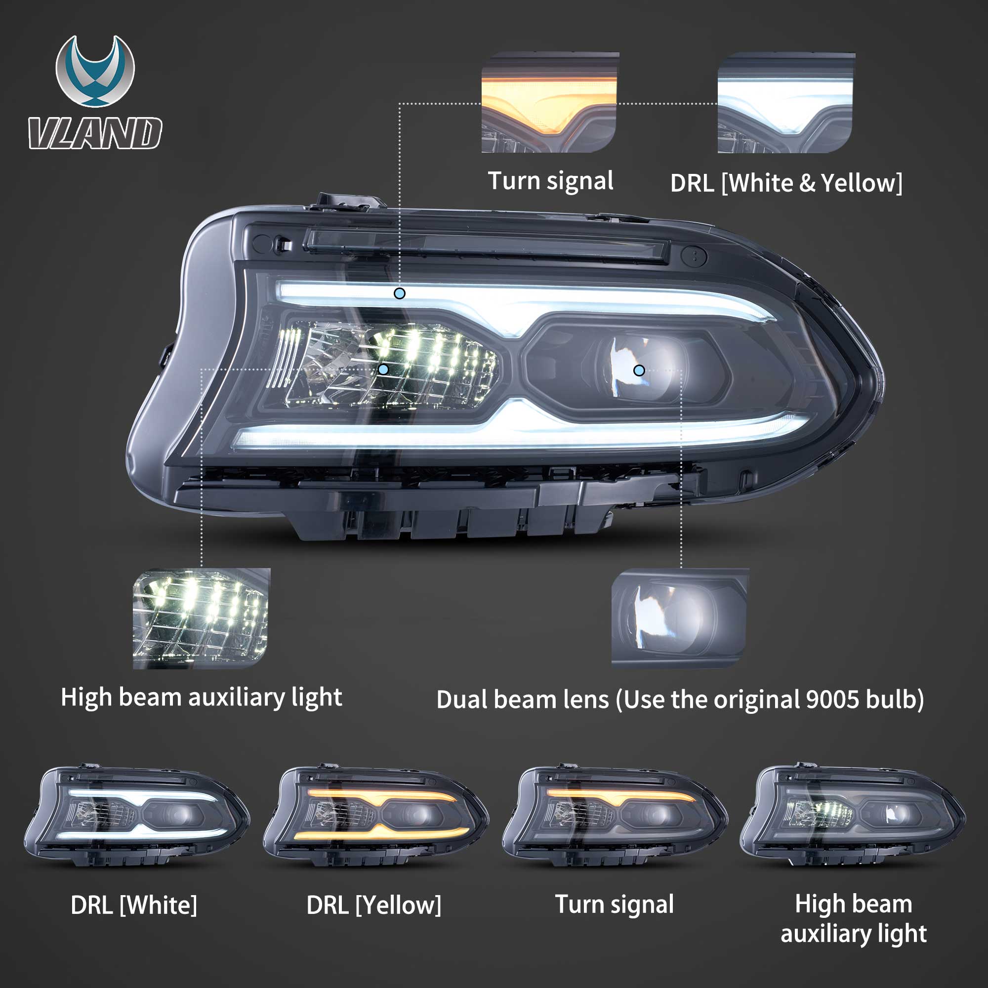 2015-2023 Dodge Charger Halogen Models Vland Projector strålkastare - 2
