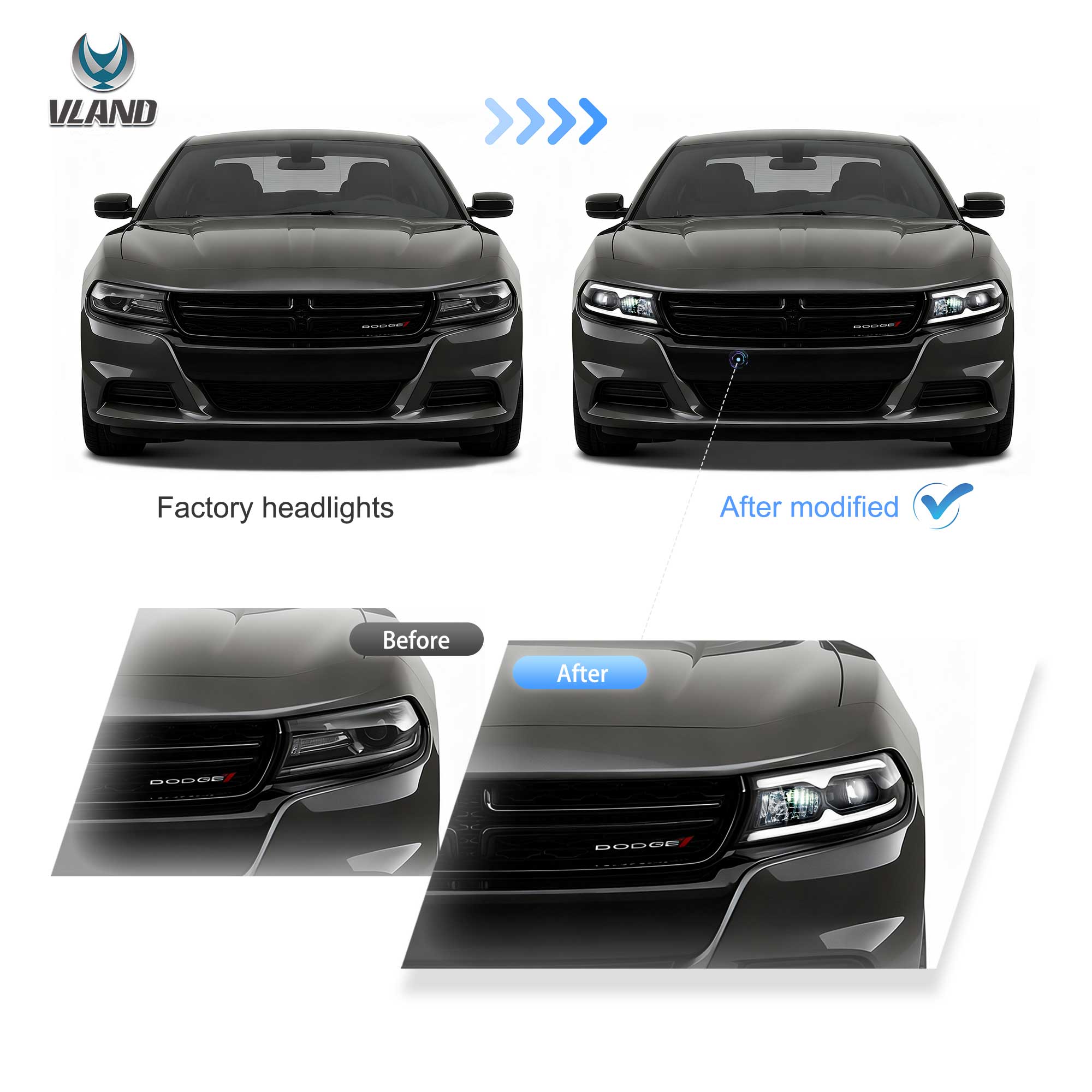 2015-2023 Dodge Charger Halogen Models Vland Projector strålkastare - 9