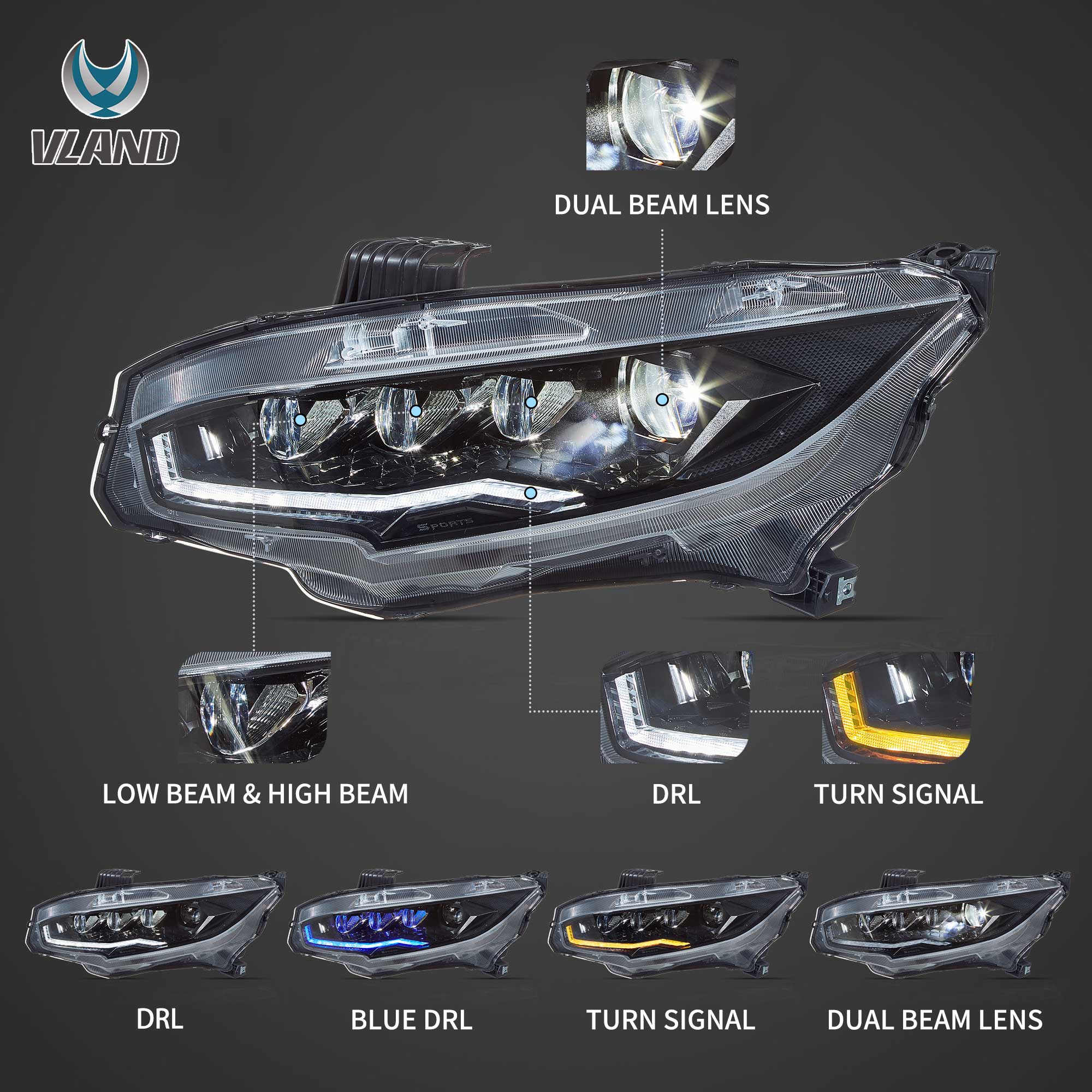Honda Civic 10 Sedan/Coupe/Hatchback/Type R 2016-2021 Vland LED strålkastare - 3