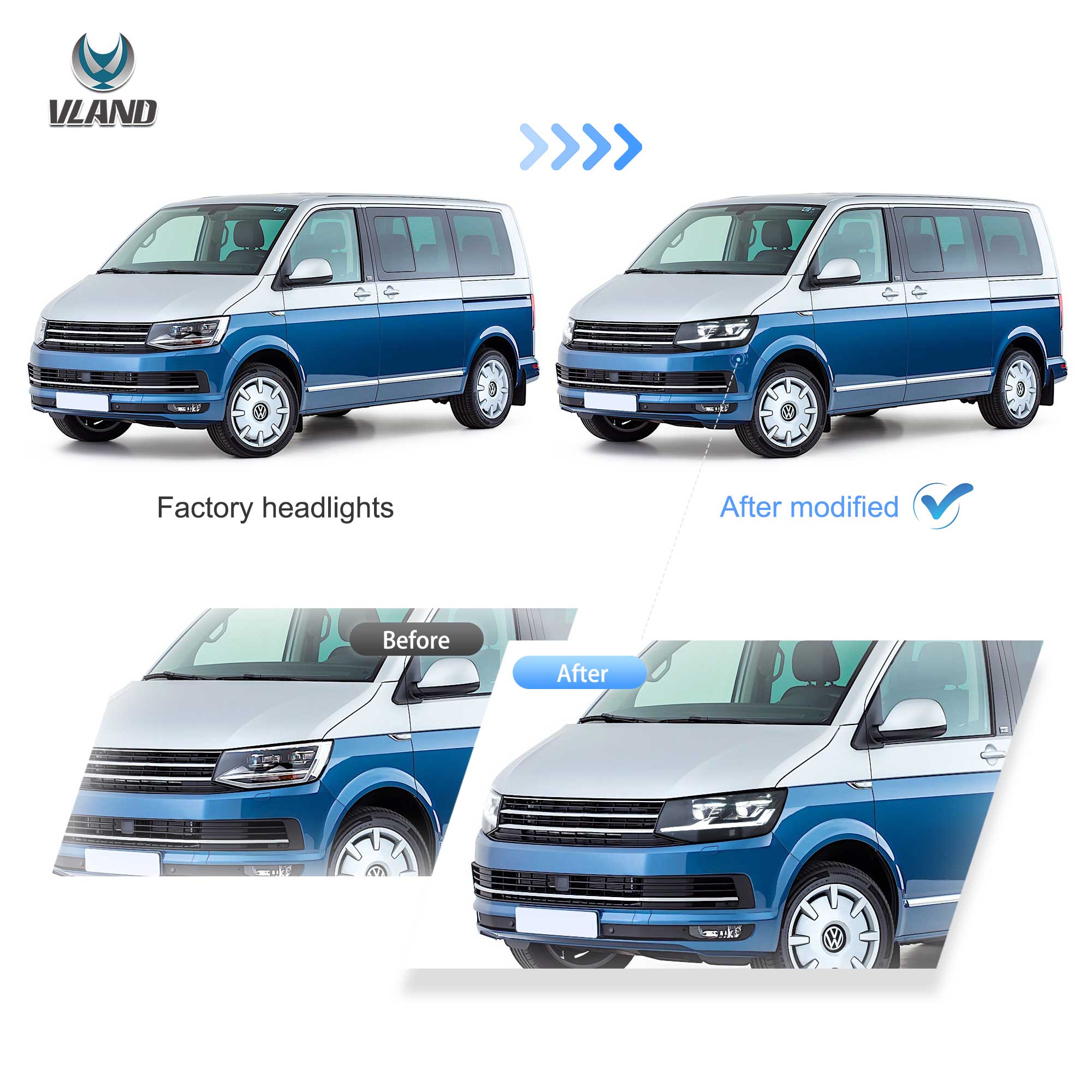VW Transporter T6 2015-2019 VLAND LED strålkastare [E-märkt] - 7