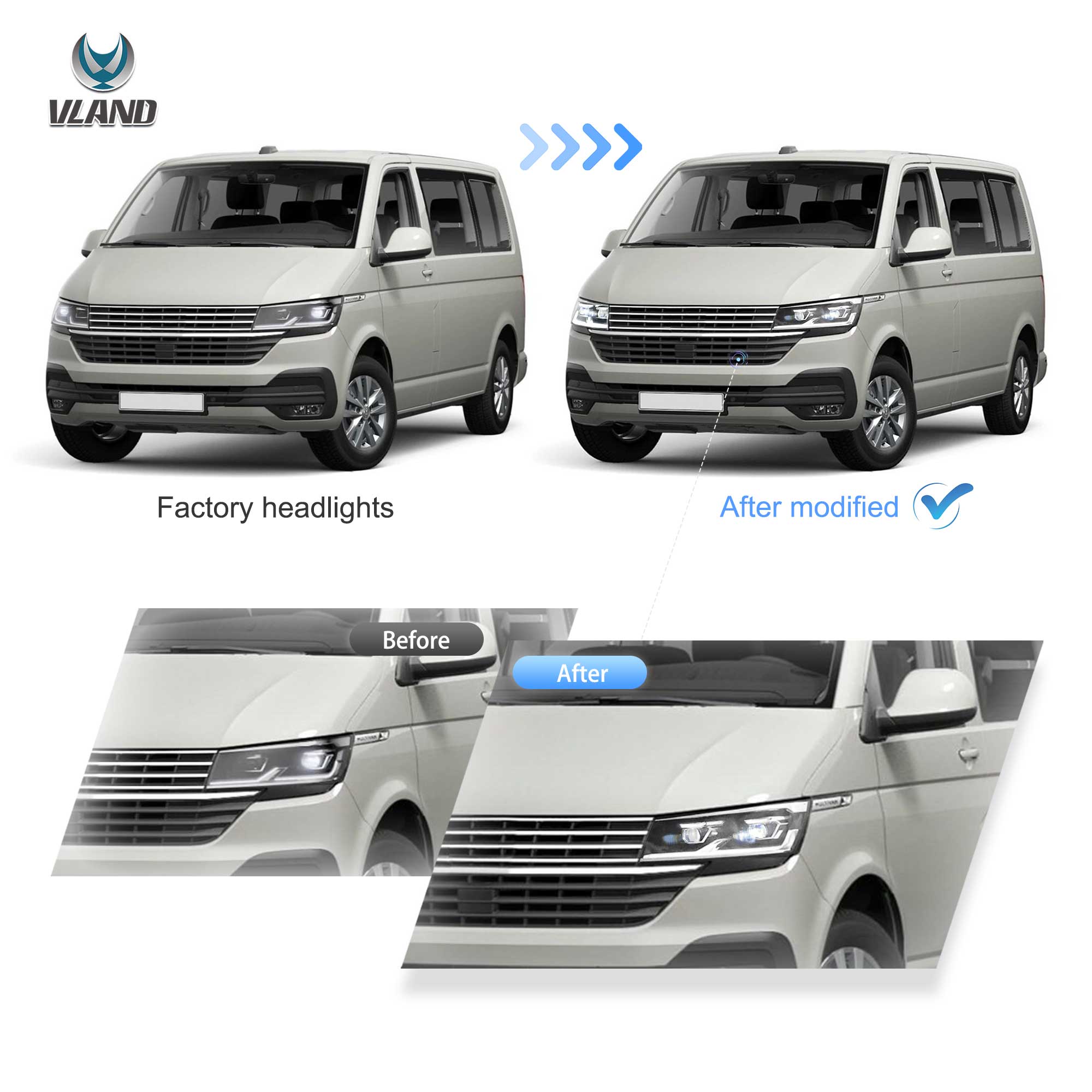VW Transporter T6.1 2019-2024 Vland LED strålkastare [E-mark] - 4