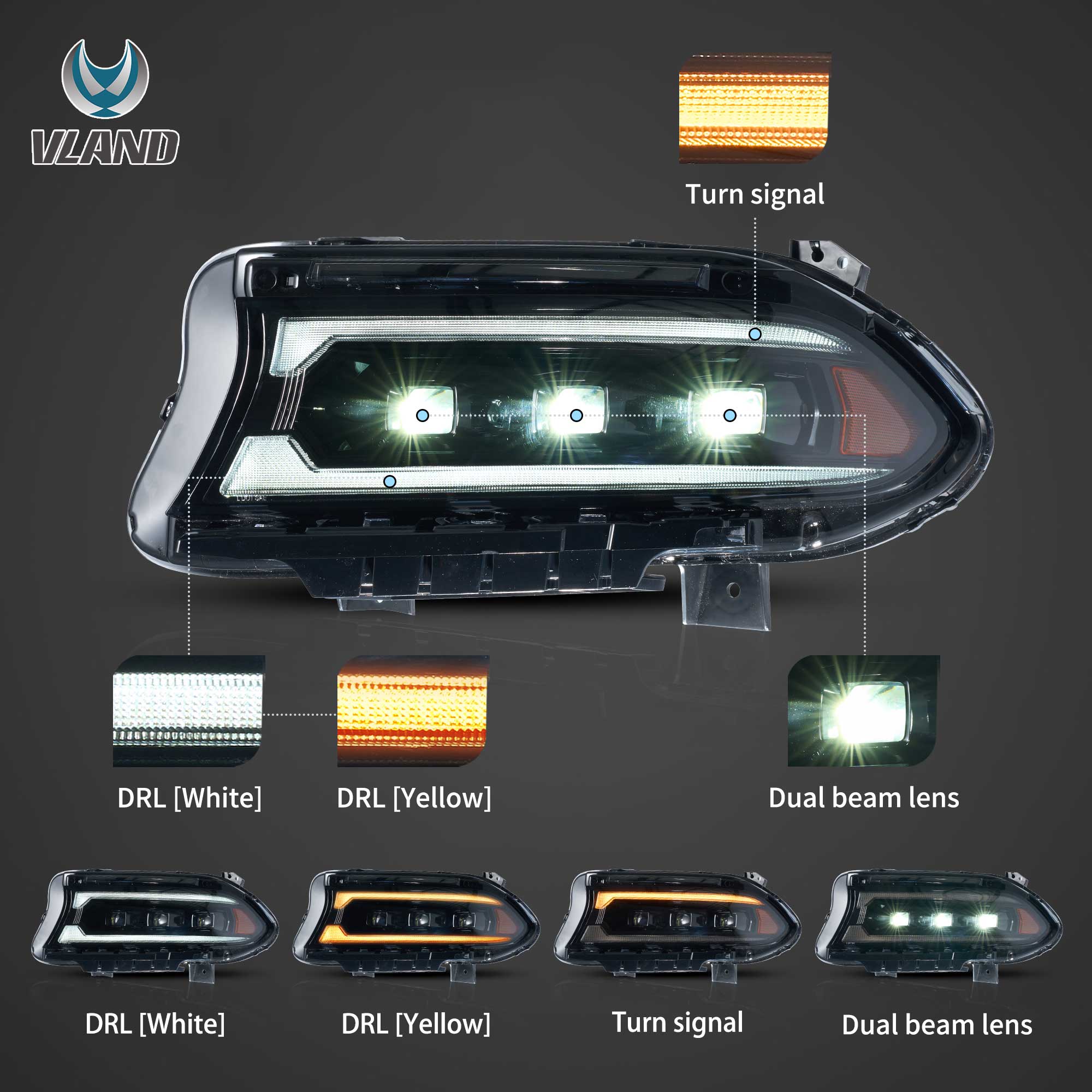 2015-2023 Dodge Charger Vland Bi-LED Projectors strålkastare Black - 2
