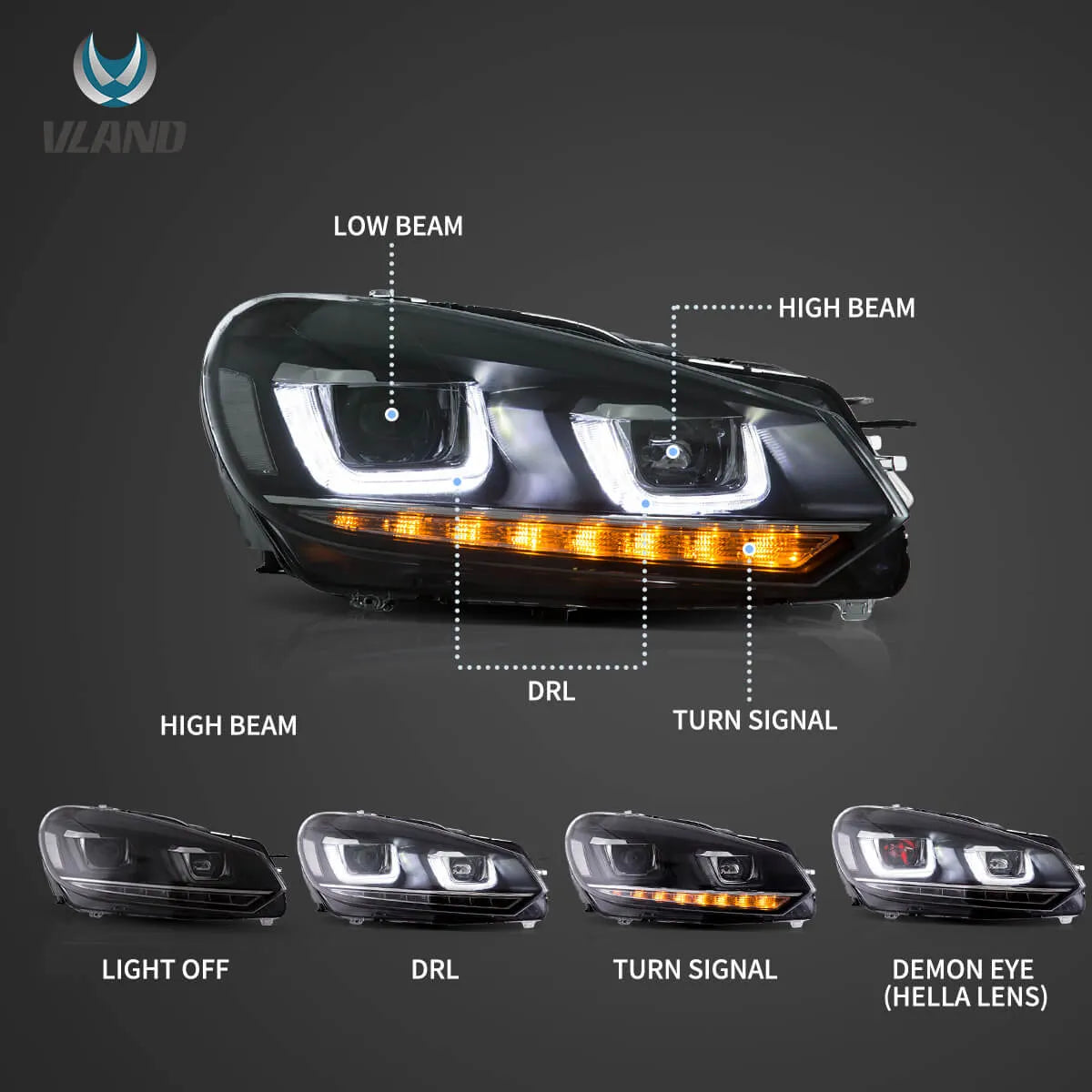 VLAND strålkastare och bakljus för 2008-2013 Golf MK6 LED set [E-mark] W/ sequential - 2