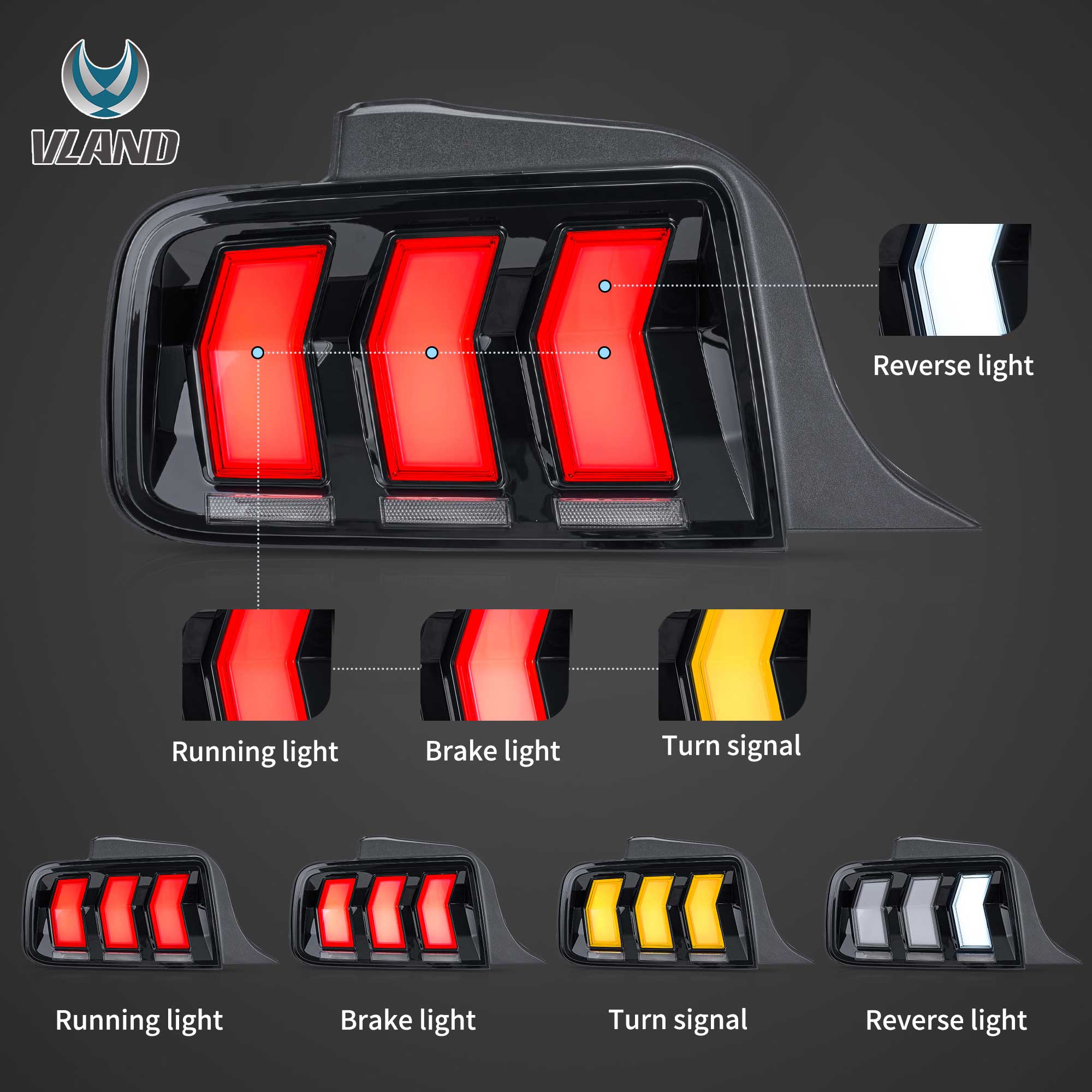 2005-2009 Ford Mustang 5th Gen S197 Vland LED bakljus Amber sekventiell blinkers - 2