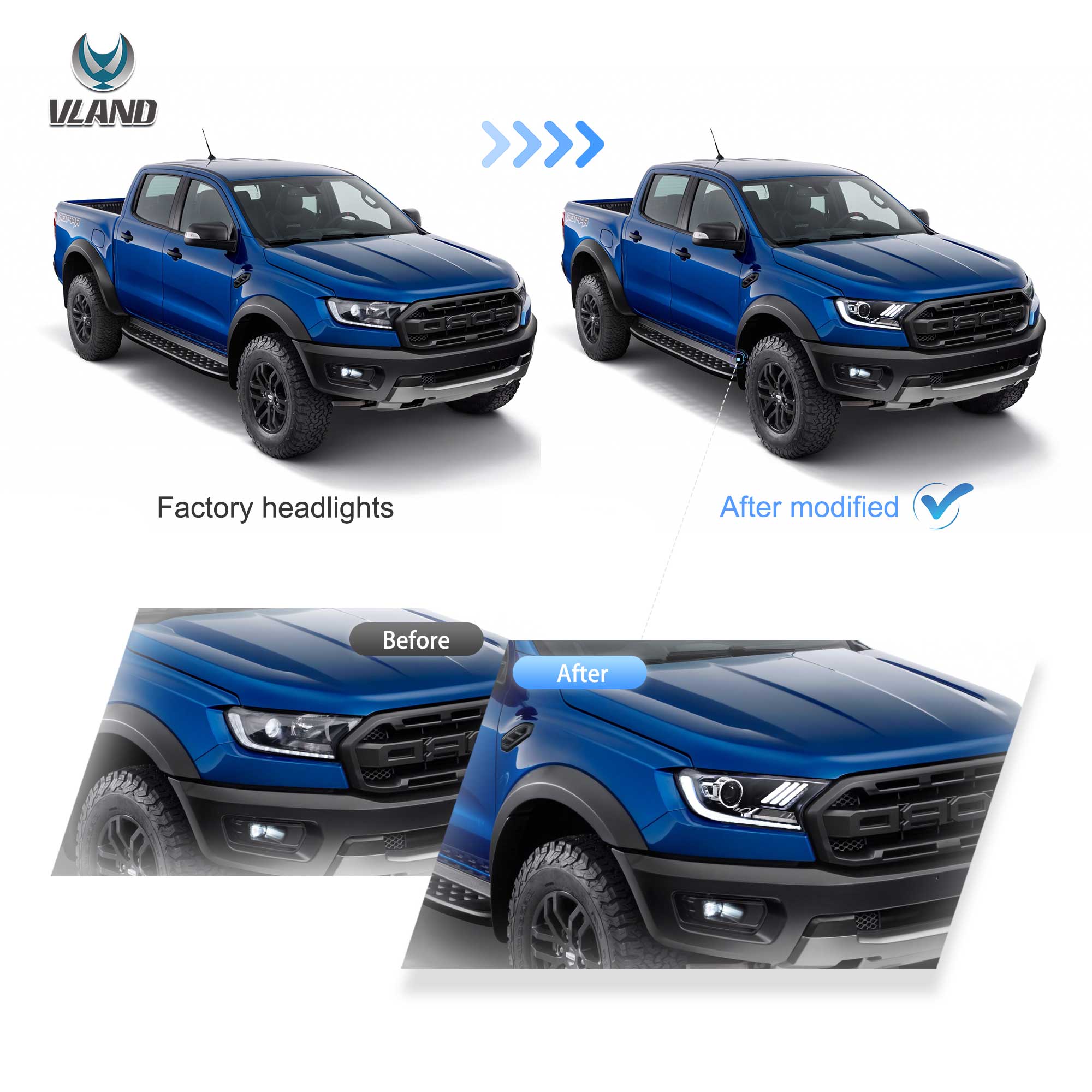 15-19 Ford Ranger T6 Vland LED Projector strålkastare W/Sequential L+R - 5