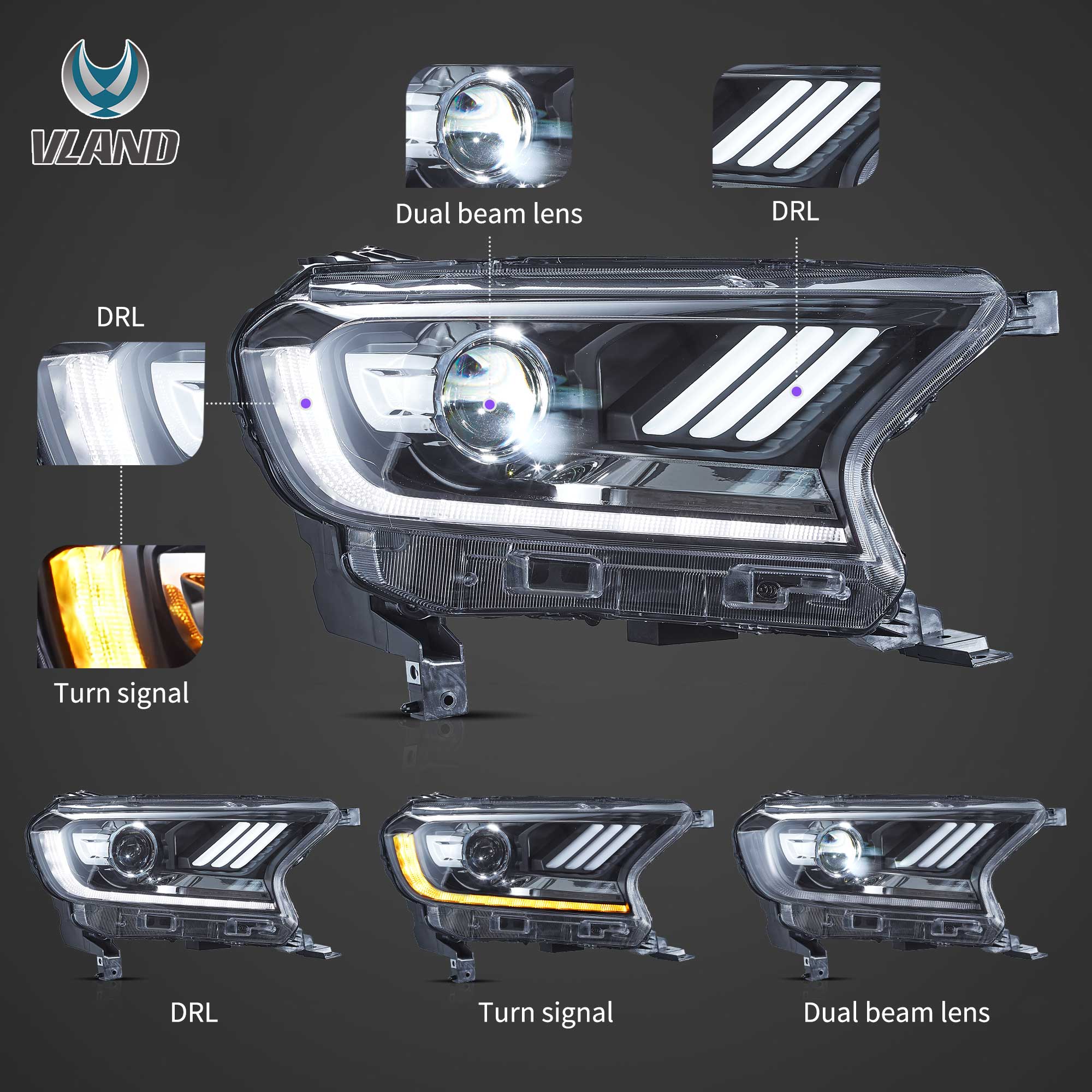 15-19 Ford Ranger T6 Vland LED Projector strålkastare W/Sequential L+R - 3