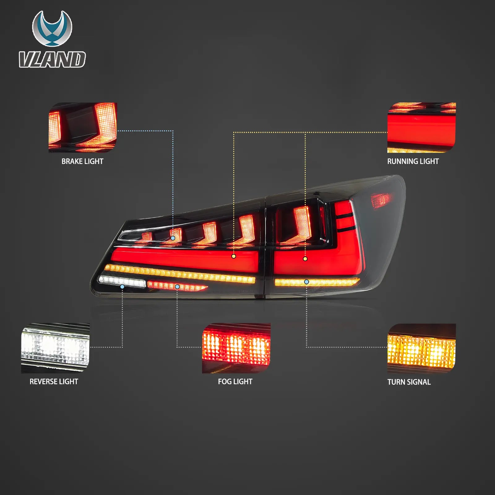 VLAND Carlamp bakljus för Lexus 2006-2012 IS250 IS350 ISF med Amber Turn Signal - 4