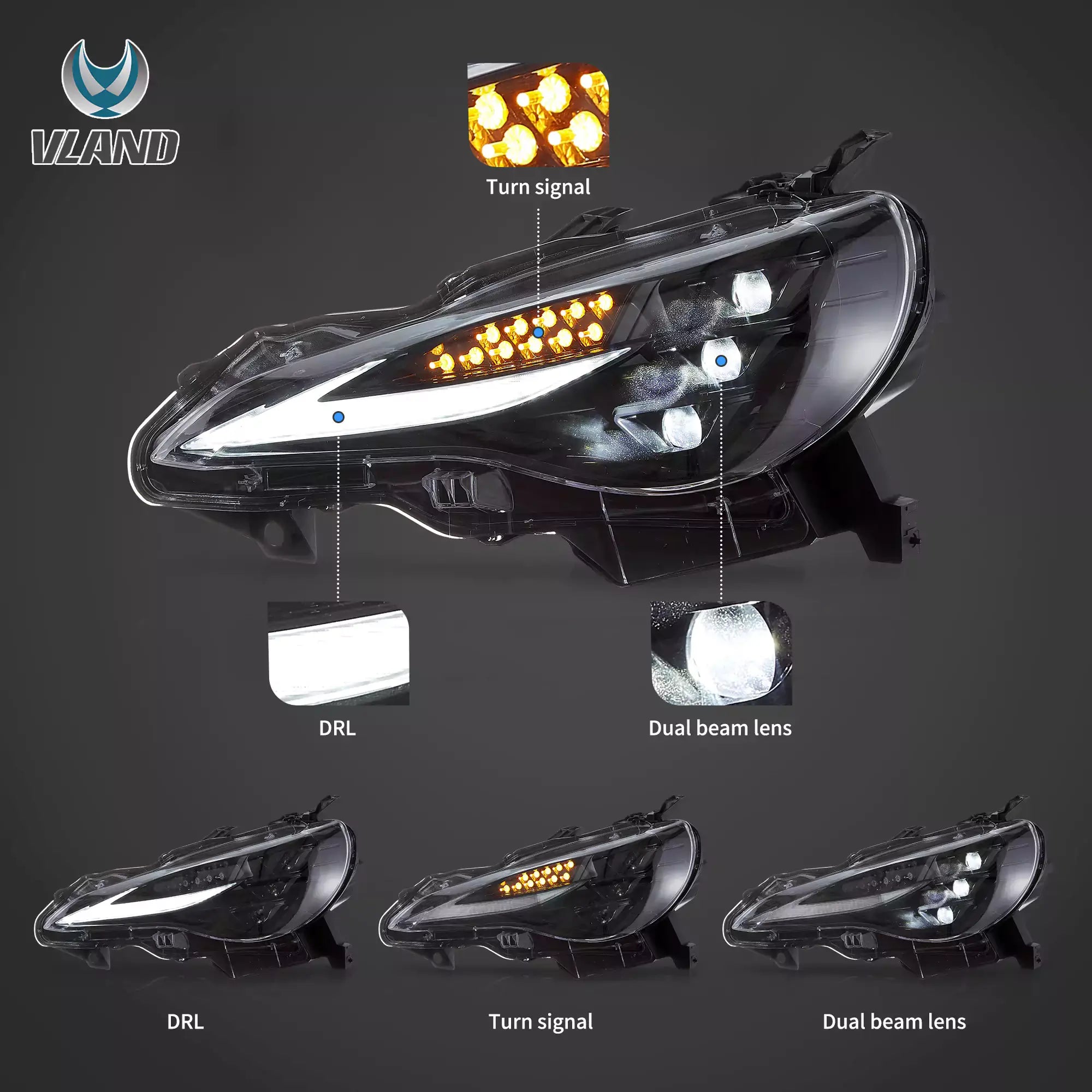 VLAND strålkastare för 12–21 Toyota 86/GT86, Subaru Brz, Scion Frs W/Triple LED Projector - 4