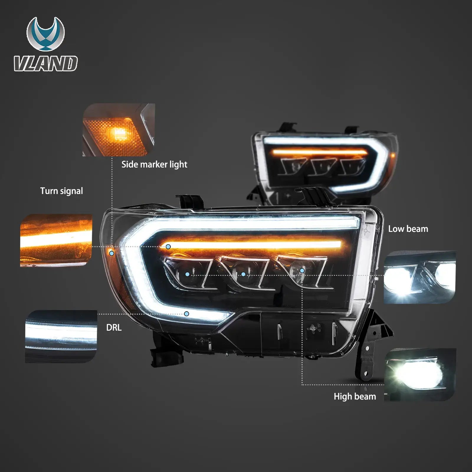 07-13 Toyota Tundra & 08-21 Toyota Sequoia Vland LED Matrix Projector strålkastare Black - 3