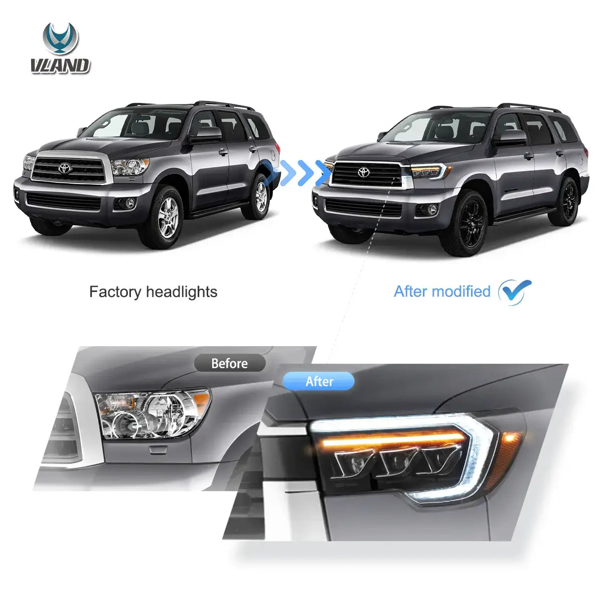 07-13 Toyota Tundra & 08-21 Toyota Sequoia Vland LED Matrix Projector strålkastare Black - 8