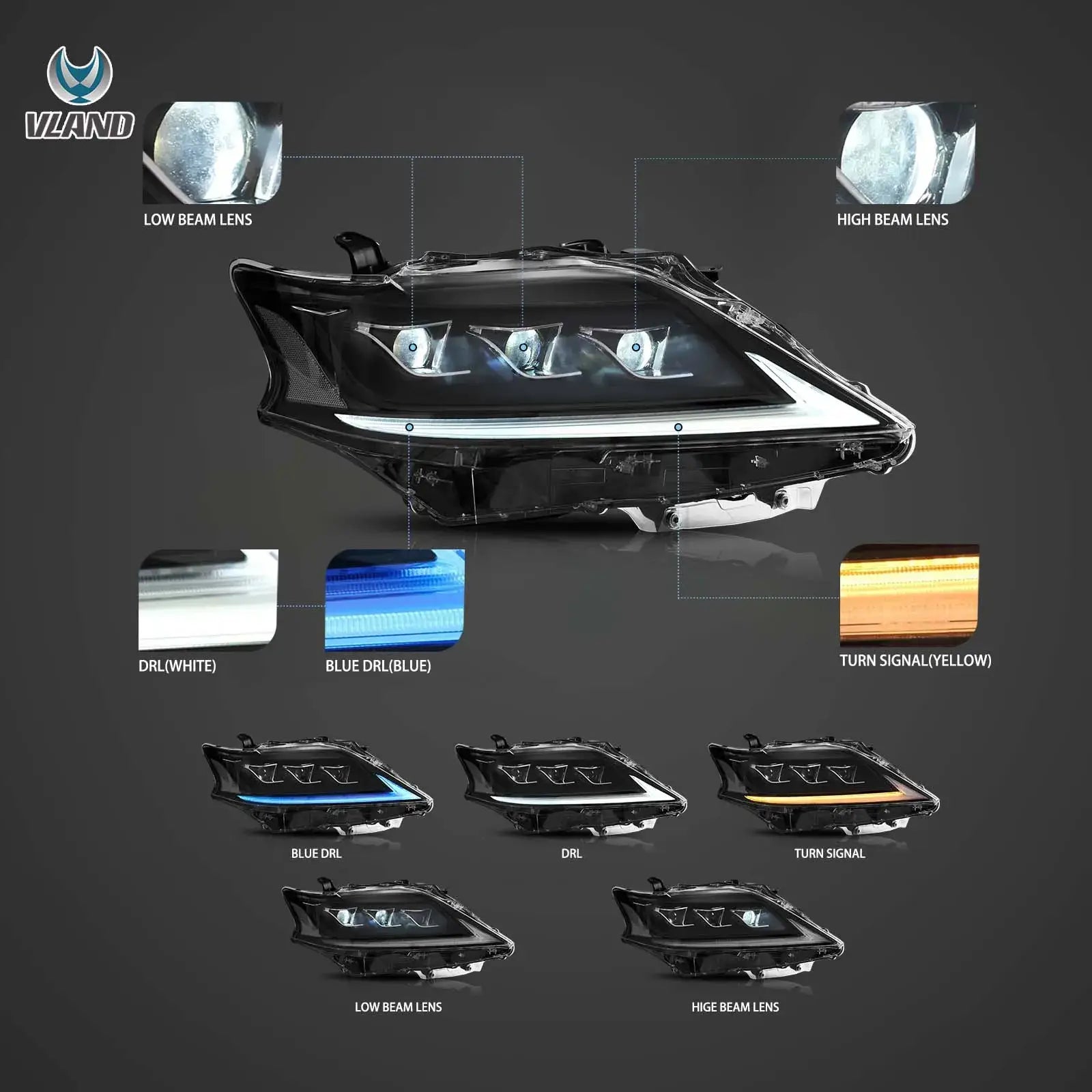 13-15 Lexus RX270 RX350 RX450H Vland LED Matrix strålkastare Black - 3