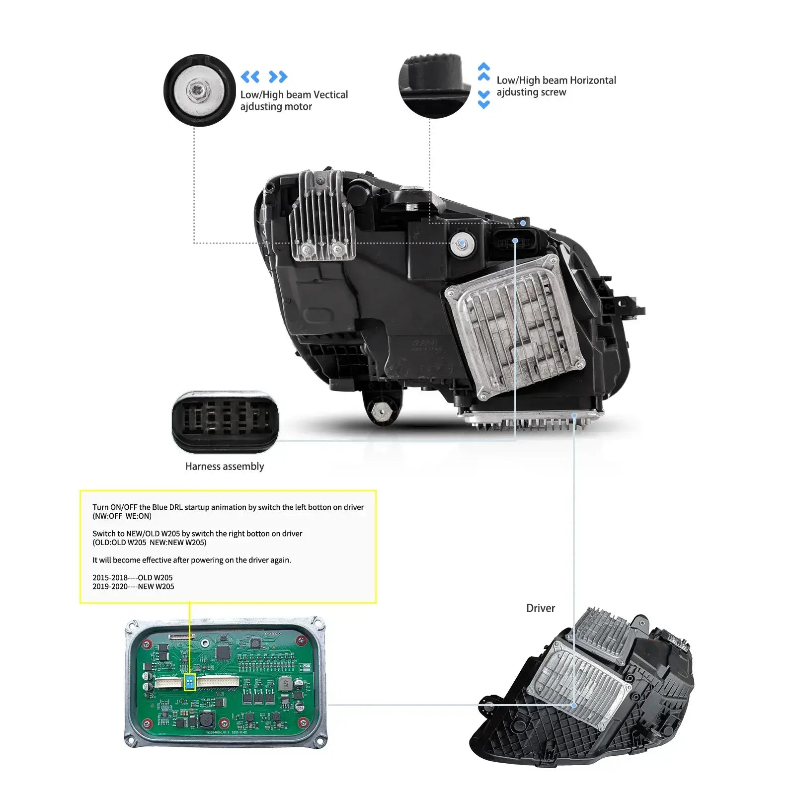 VLAND 15-21 Mercedes-Benz C-Class (W205) LED Matrix Upgraded strålkastare med Blue DRL - 5